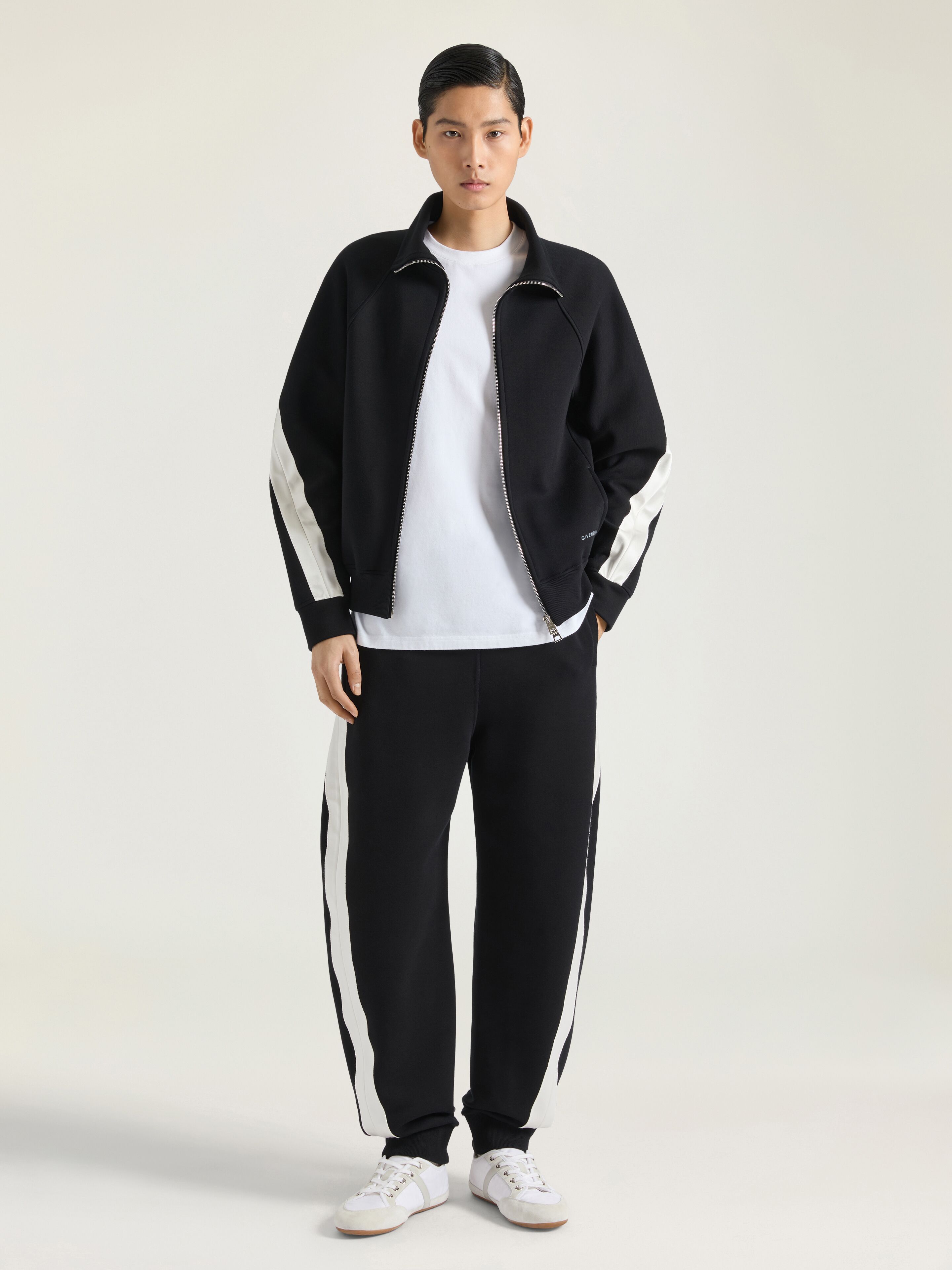 Zipped sweatshirt in scuba with satin couture detail